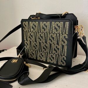 Steve Madden Bevelyn Rhinestone Crystal Logo Crossbody-Black/Gold-Viral TIK TOK